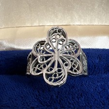 Vintage ARR Turkey 14k White Gold Filigree Flower Diamond Cut Ring Sz 7.25