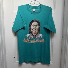 VTG 90s Fruit of the Loom Men's M Teal Native American Graphic Patch Cotton Tee