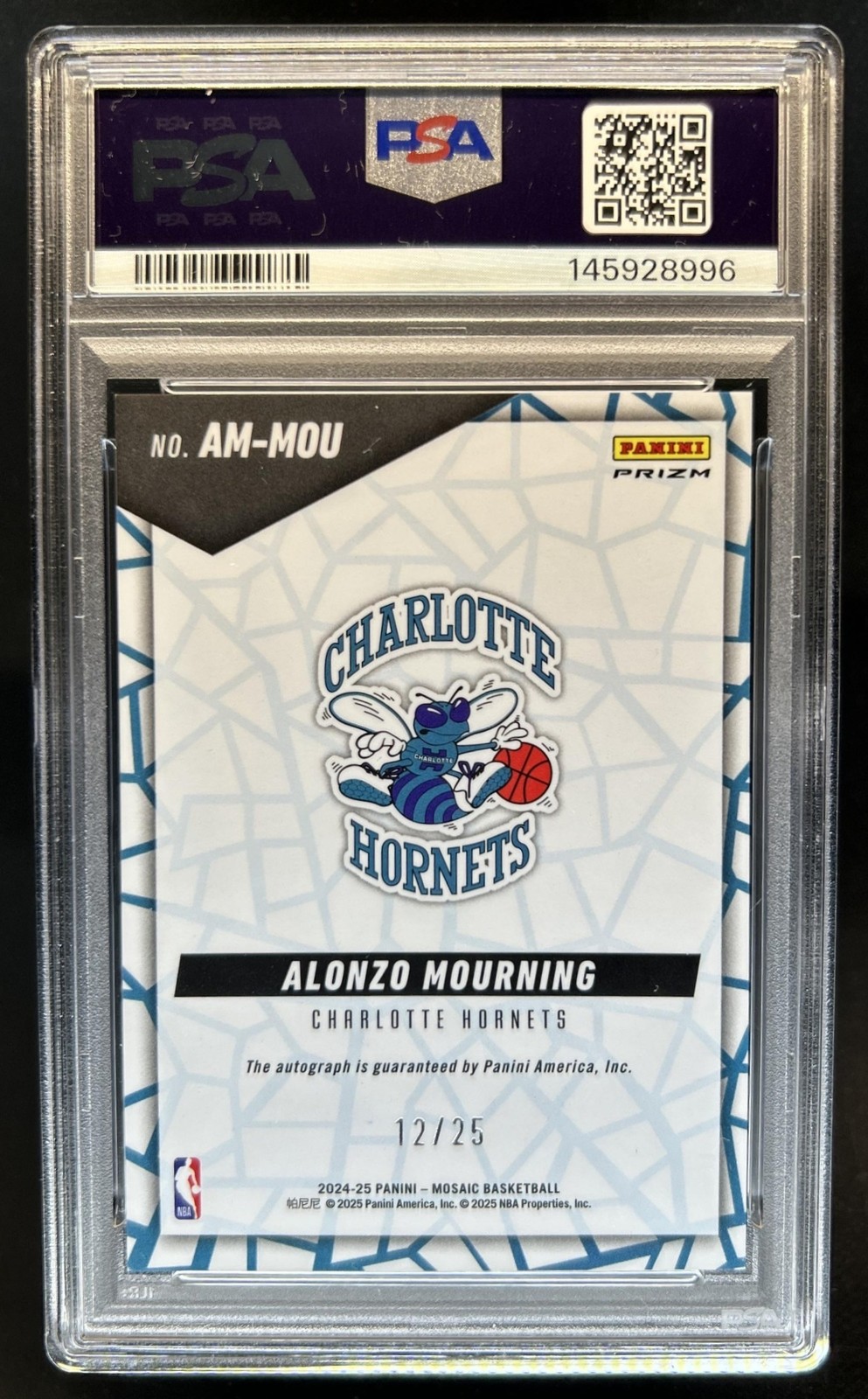 2024-25 Panini Mosaic Alonzo Mourning Mosaic Auto White #/25 Hornets PSA 9 view 2