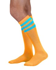 Colored Knee High Tube Socks with One Size, Neon Orange With Blue Stripes