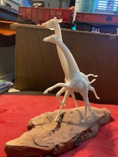 John Perry Sculpture ~  Mother giraffe and her calf in motion on wood base vasa