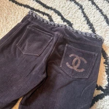 USED EXCELLENT CONDITION, RARE CHANEL COCO MARK VELOUR PANTS, SIZE 38 GOOD