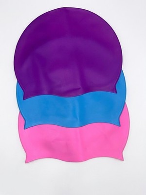 Set of 3 Silicone Swim Caps Purple Blue Pink