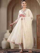 Indian Women Cotton Floral Embroidered Angrakha Kurta with Trouser Dupatta