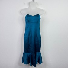Trina Turk Dress Womens 2 Teal Strapless Satin Ruffle Mermaid Cocktail Formal