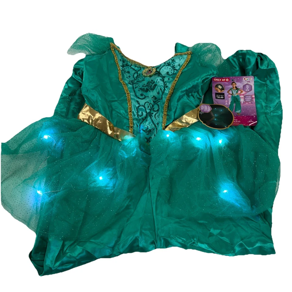 Disney Princesa Niño Disfraz Verde Vestido Halloween M (7-8) Jazmín Se Ilumina Foto 2 de 4