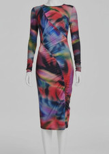 Vince Camuto Womens Blue Printed Ruched Boatneck Long Sleeve Dress Size 6