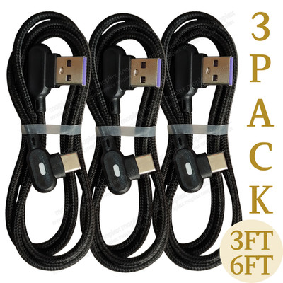90 Degree Right Angle Braided Type C Android Fast Charging Cable USB-C Cord Lot