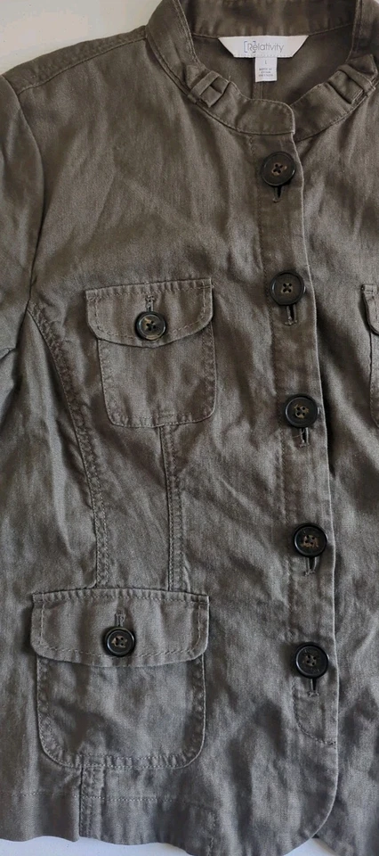 Relativity 100% 亚麻女式 L 码夹克无领卡其色带时尚细节 — 第 3/4 张图片