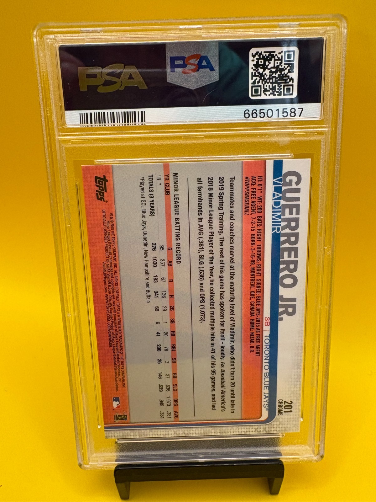 2019 Topps Chrome Vladimir Guerrero Jr. RC Rookie #201 Blue Jays PSA 10 GEM MINT view 4