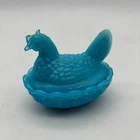 Vintage Style Hen on Nest Blue Milk Glass Covered Dish 3" Chipped Head READ