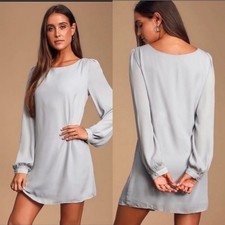 Lulus Status Update Light Grey Long Puff Sleeve Shift Dress Womens Small