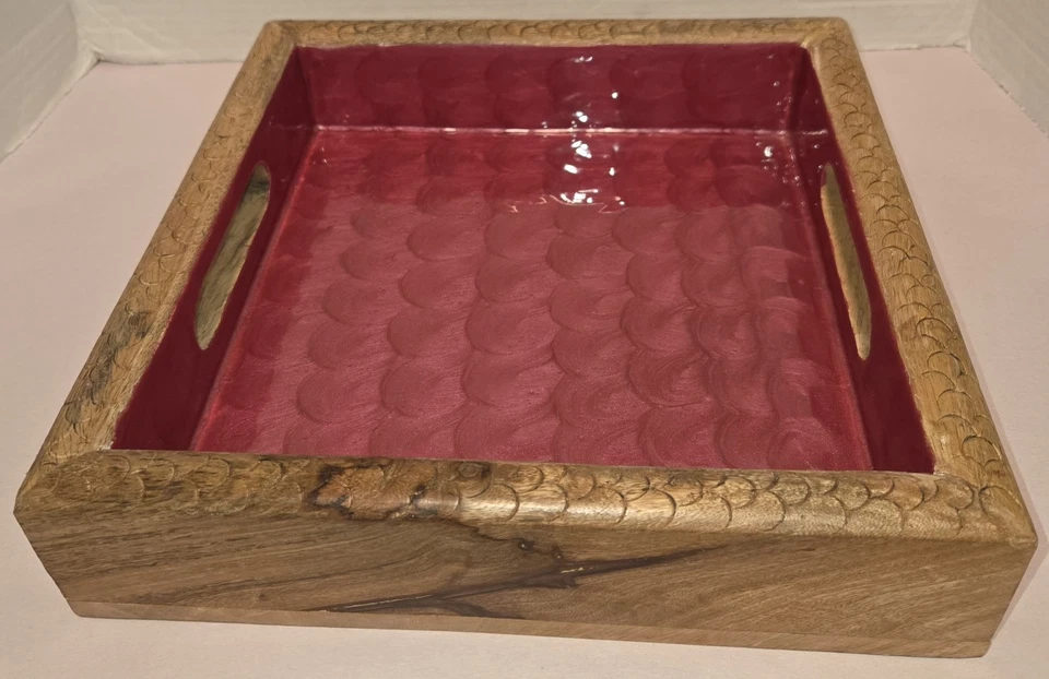 Square Wood Serving Tray Handles Fuschia Pink Carved Design 11 X 11 In +/- - Image 4 of 4