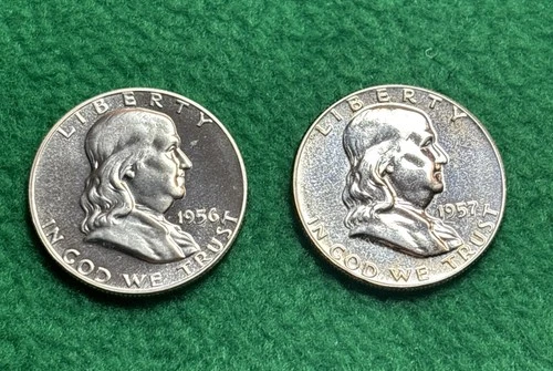 Franklin Half Dollar Proof Lot of 2 - 1956 & 1957 - Proof 90% Silver - 👀!!
