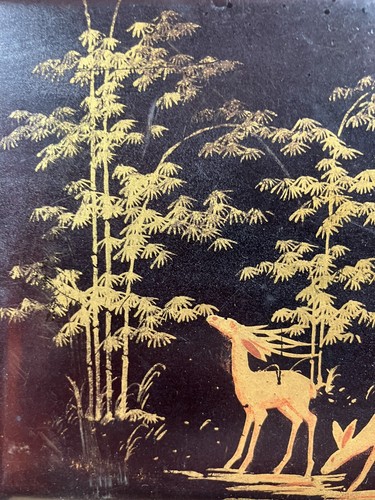 N. THÀNH LÊ (1919-2003) Panneau de laque à décor doré de cervidés Forêt Vietnam - Picture 6 of 8