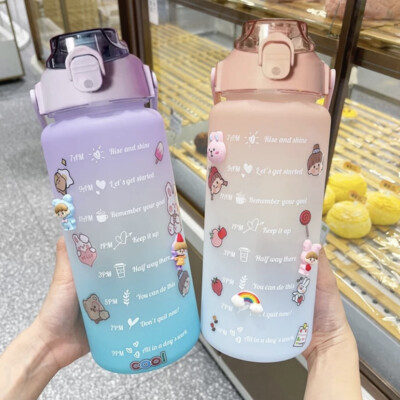 ETDW Wasserflasche mit Zeitmarkierung, 2L Trinkflaschen mit Strohhalm BPA-frei,
