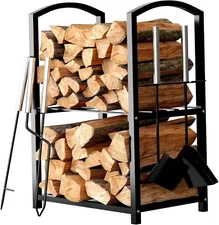 Firewood Rack Indoor Outdoor - 2-Tier Firewood Holder with Fireplace Tools Set,