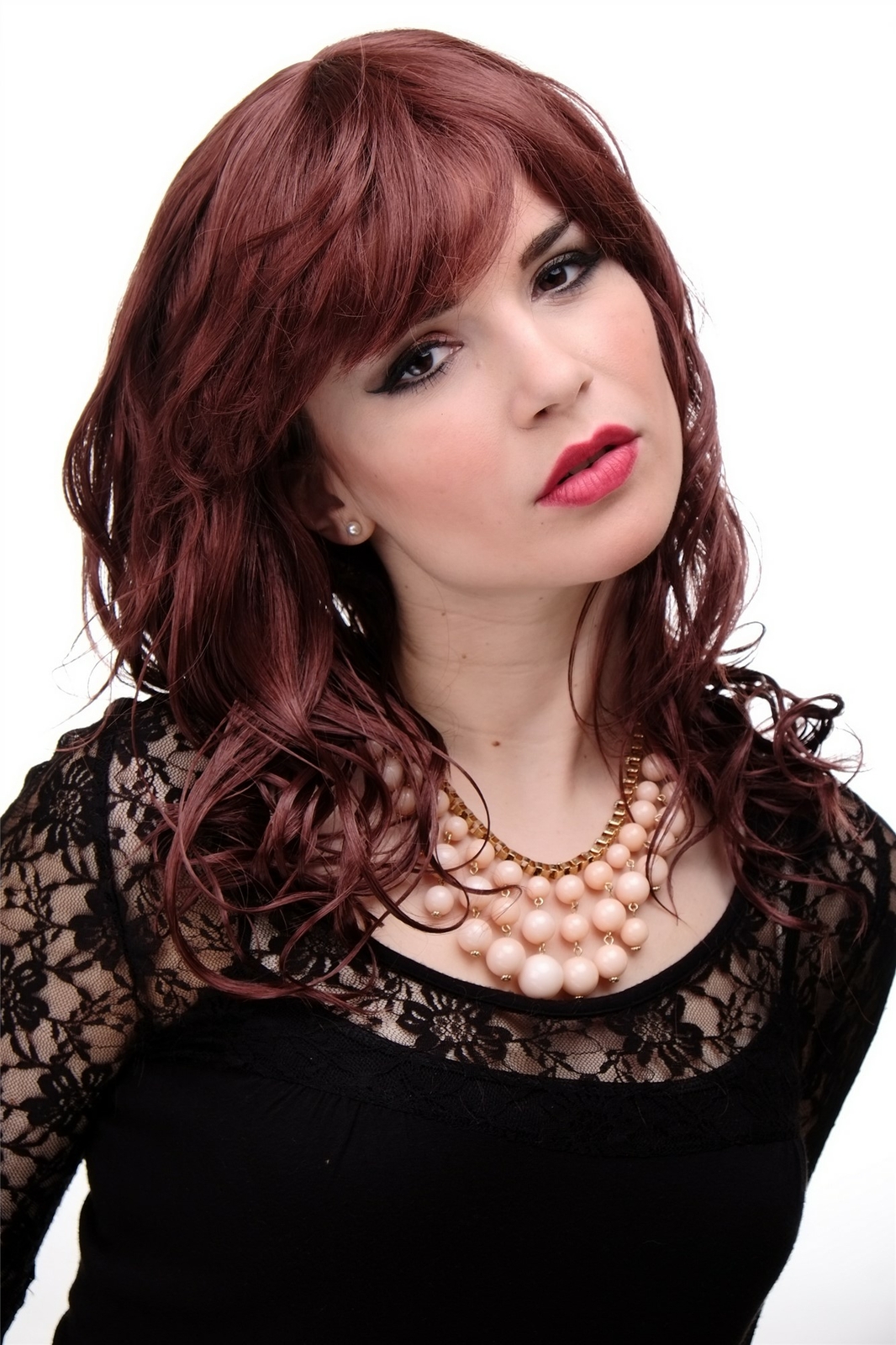 Women's Wig Long Wavy Reddish Brown Rust Brown Light Wetlook Bangs 5019-35