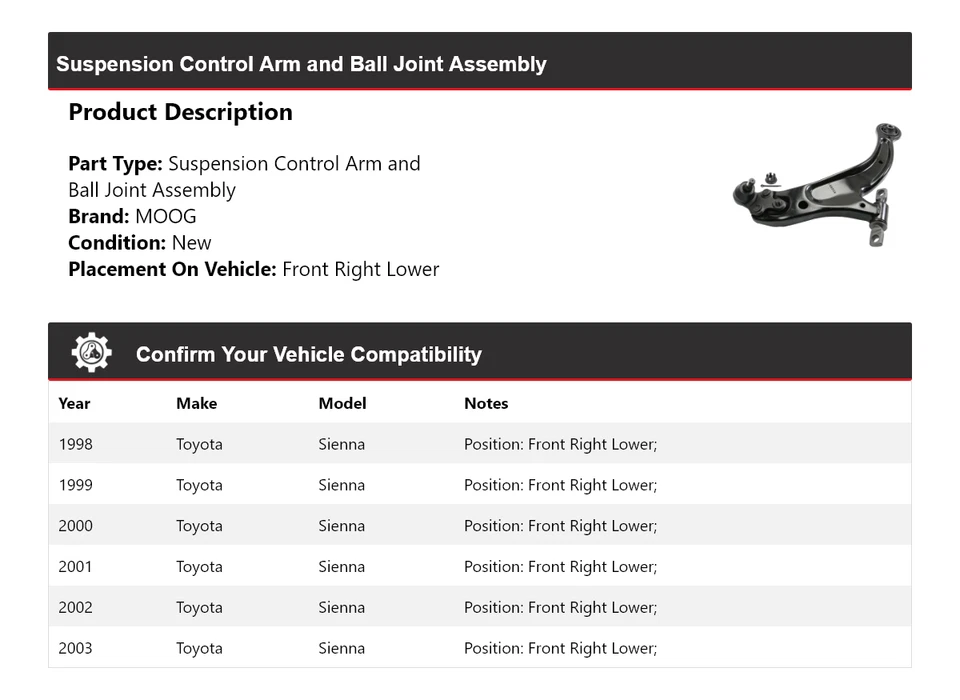 Conjunto de rótula de brazo de control inferior delantero derecho para Toyota Sienna 1998-2003  Foto 2 de 4