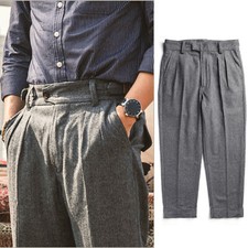 Mens Woolen GURKHA Suit Pants Herringbone British Casual Tweed Trousers Straight