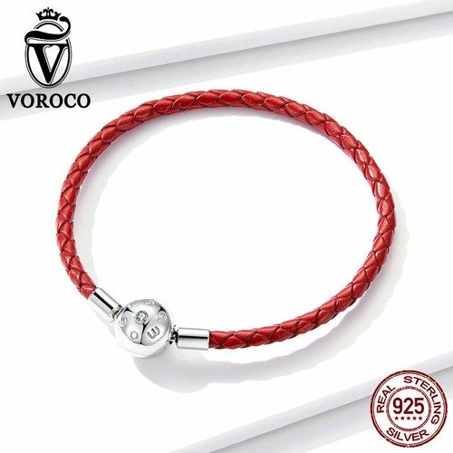 VOROCO New S925 Sterling Silver Red Leather Rope Bracelet Chain Fit Women Girls - Picture 6 of 12