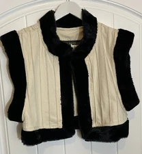 Rare Vtg Jan Barboglio Sz 6 Cropped Open Front Vest Pleated Ivory Black Faux Fur