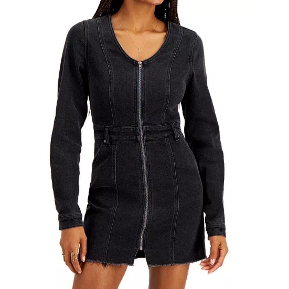 Tinsel Town Black Cotton Blend Denim Front Zipper Long Sleeve Mini