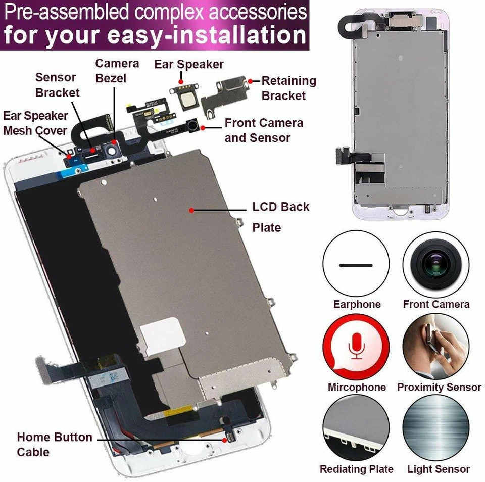 iPhone 7 Plus tela cheia substituição placa LCD câmera frontal alto-falante orelha e ferramentas - Imagem 2 de 4