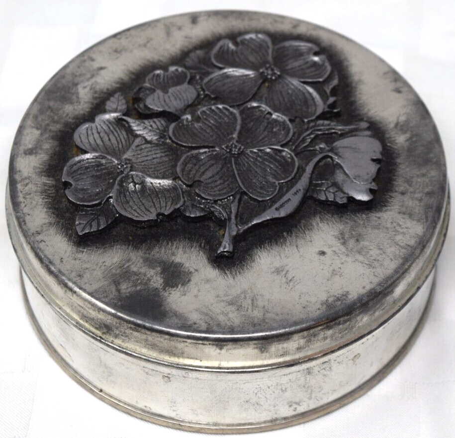 Vintage Metzke Pewter Tin Signed Dogwood Flowers Floral Label