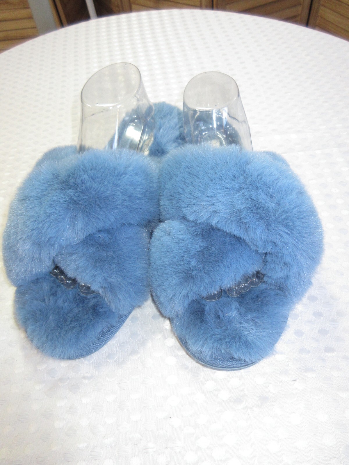 Jessica Simpson Blue Fuzzy Slippers w/Memory Foam, SZ XL (9-10) New W/O Box