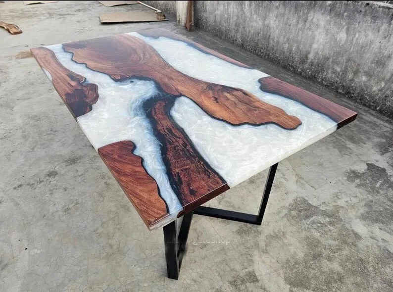 White Epoxy Resin Dining Table Top, Wooden Epoxy Center Table Top Furniture Deco - Image 2 of 4