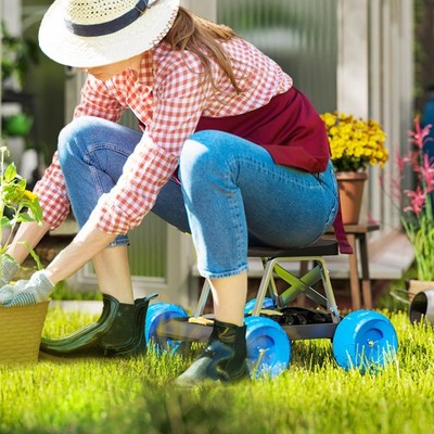 Gartenwagen mit Rollen, Werkzeugablage zum Jäten, Bepflanzen, blau