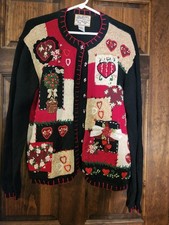 Heirloom Collectibles Vintage Heart Patchwork Cardigan Sweater Black Red L