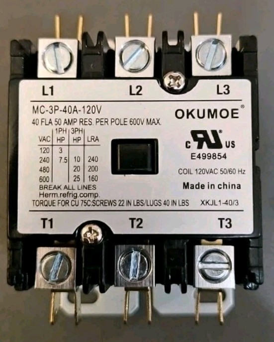 Okumoe MC-3P-40A-120V 40 Amp 3 Pole 120Vac Coil Definite Purpose Contactor