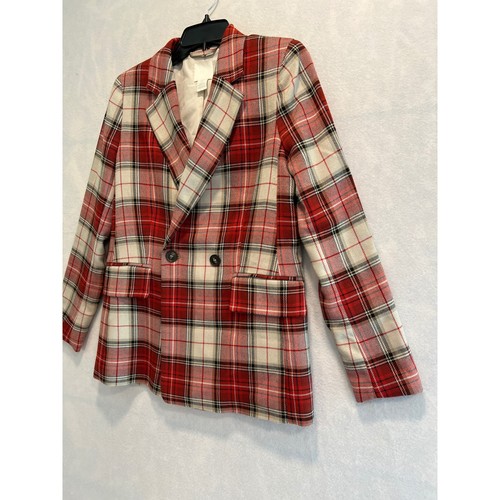 H&M Red Plaid Double Breasted Blazer Jacket - Size 4 - Classic Style - Picture 4 of 5