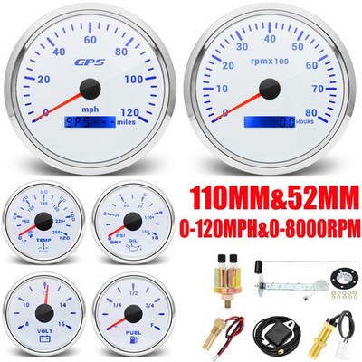 6 Gauge Set With Sensor 110mm Boat GPS Speedometer 120MPH Tacho 8000RPM Gauge