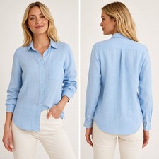 American Giant Linen Button Up Shirt Womens Small Blue Long Sleeve Made in USA