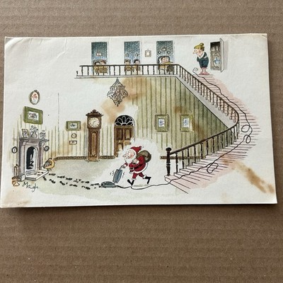 Vintage Mid-Century Christmas Card Santa Vacuuming Footprints Raphael Tuck