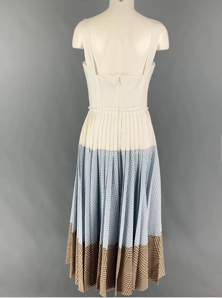 Vestido Lela Rose Blanco Azul Marrón Guinga Cuello Cuadrado Plisado Midi - Talla 4 Nuevo con Etiquetas Foto 4 de 4