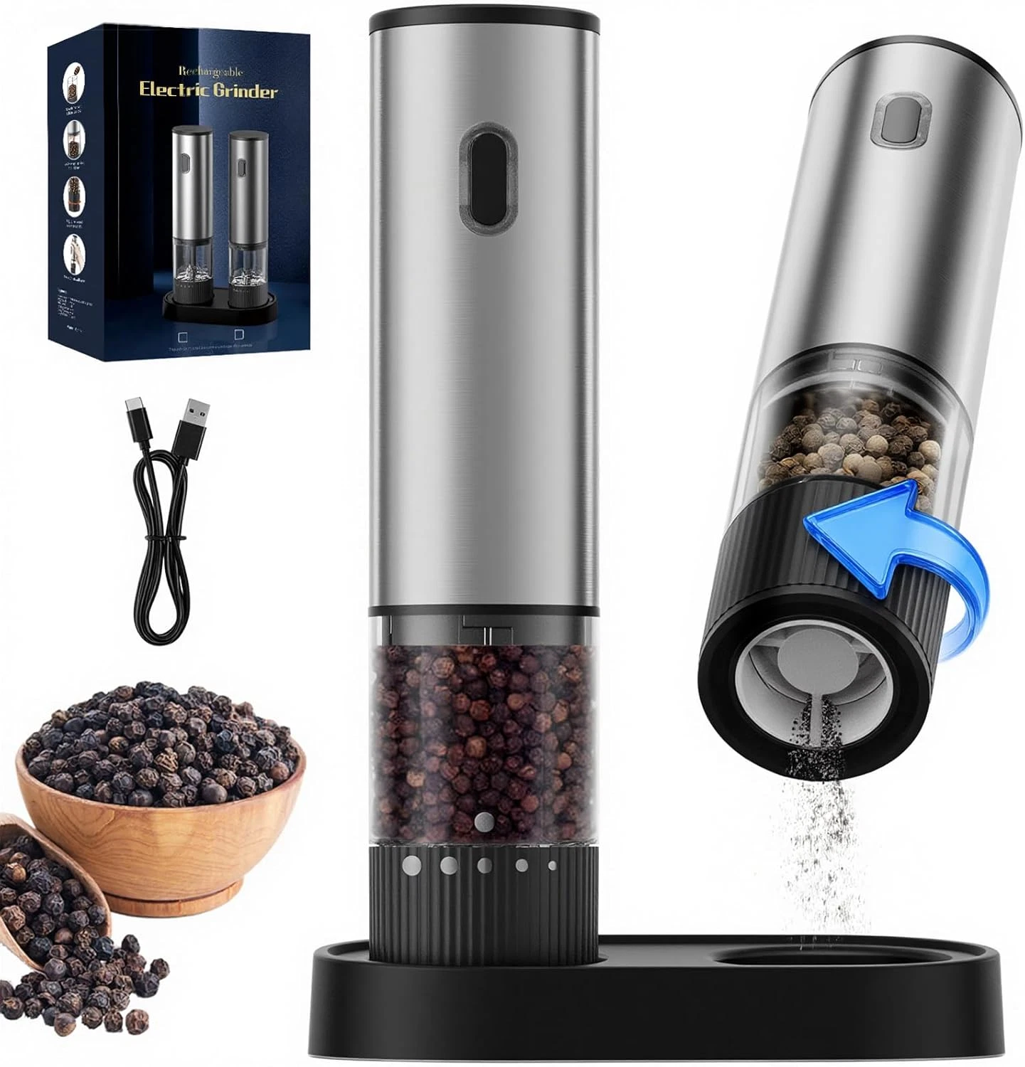 Electric Salt and Pepper Grinder Set, USB Rechargeable Salt and Pepper Shaker wi