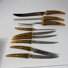 Vintage 9 Pc Sheffield England Antler Style Handle SS Steak Knifes Carving Set