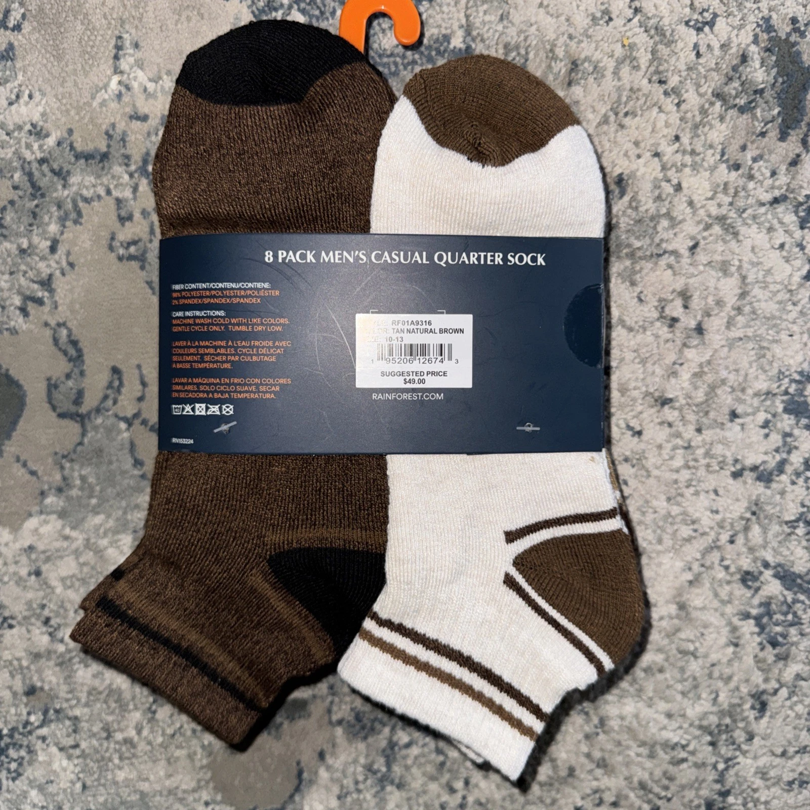 Rainforest Men's 8-Pack Tan Brown Athletic Casual Quarter Sock, Size 6-12