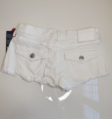 True Religion Joey Cut-Off Denim Shorts Optic White W/ Flaps 27 NEW NWT
