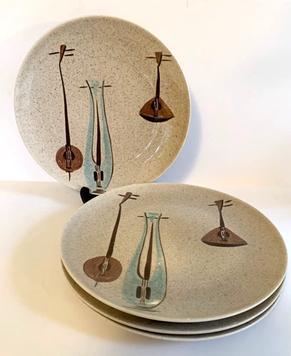 Vintage 4 Red Wing Pottery LUTE SONG 10 3/8" Dinner Plates Mid Century