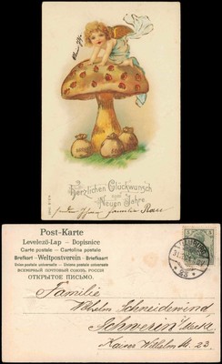 Neujahr Sylvester New Year Engel Angel Pilz Geldsäcke 1904 Gold