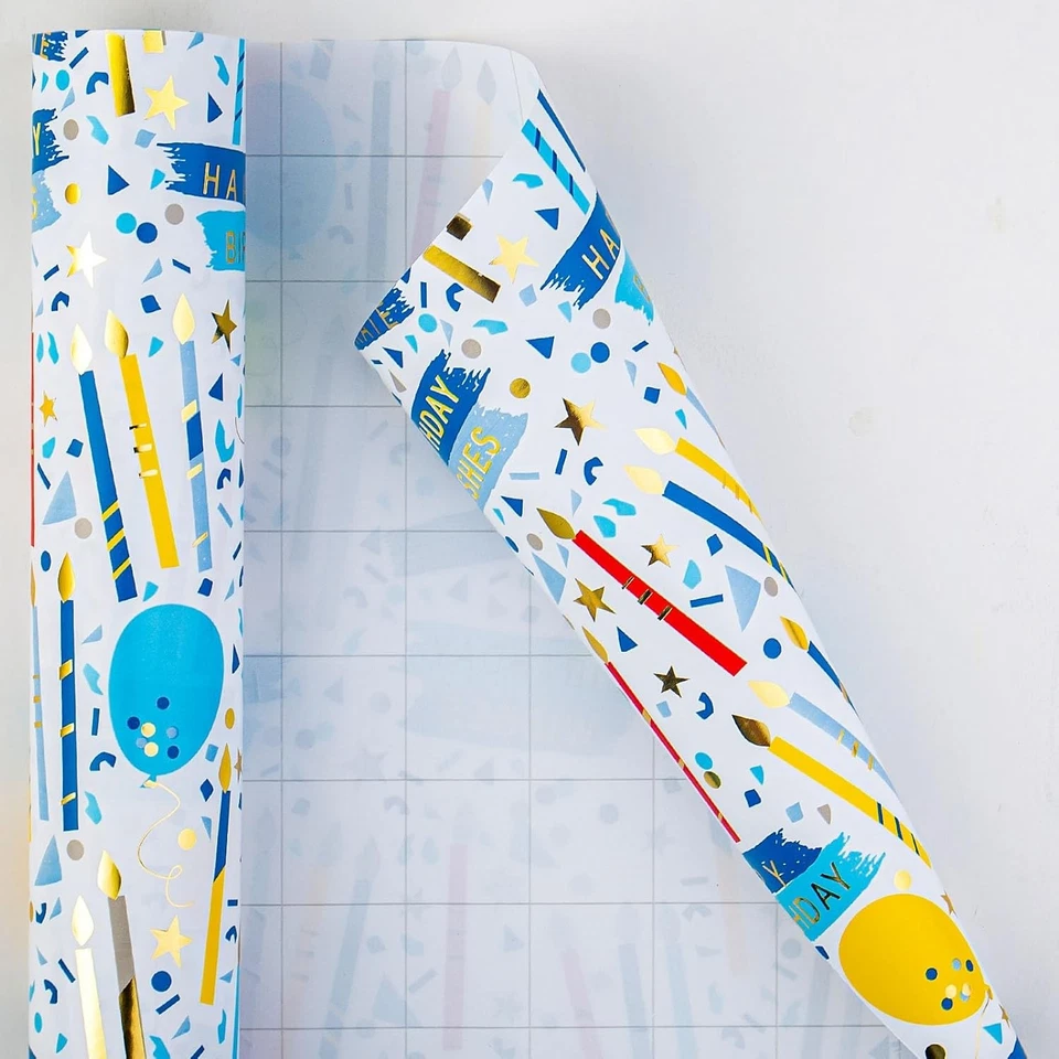 Papel de envolver de cumpleaños azul para niños - 17 pulgadas X 33 pies - envoltura de regalo de aluminio con... Foto 4 de 4