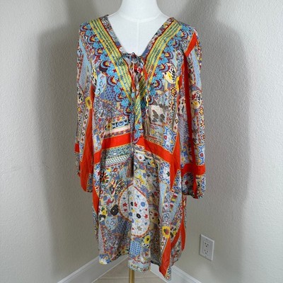 All About Her Tunic Dress Women XL Multicolor Boho Patchwork Embroidered Tassel