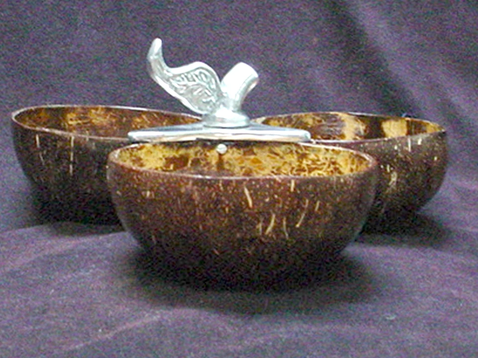 BANDEJA PARA SERVIR CON CÁSCARA DE COCO SECCIÓN DE 3 TAZONES NUECES DULCES BOCADILLOS REMATE DE HOJA DE METAL Foto 2 de 4