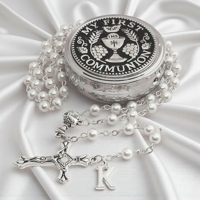 Erstkommunion Rosenkranz, Geschenk, hochwertige weiße Perlen, Kelch & Buchstabe