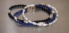 Three 14K Gemstone Bracelets (Onyx, Seed Pearls, Lapis, and Gold Beads)